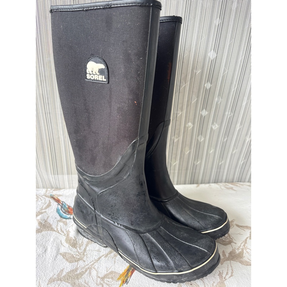 Sorel Mens 9 Black Rubber Neoprene Tall Rain Snow Mud Boots Duck Toe-*see pics